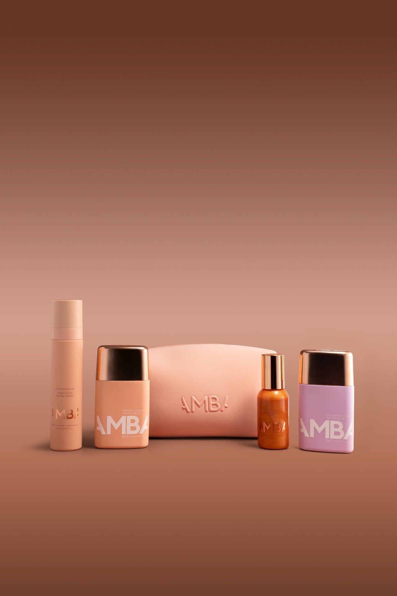 AMBA Ultimate Glow Bundle 
Golden Glow and Bronzed Tanning Oils
GoGlow Pouch
Jasmine Body Mist
Celestial Shimmering Gel-Oil 
for radiant, sun-kissed, hydrated skin