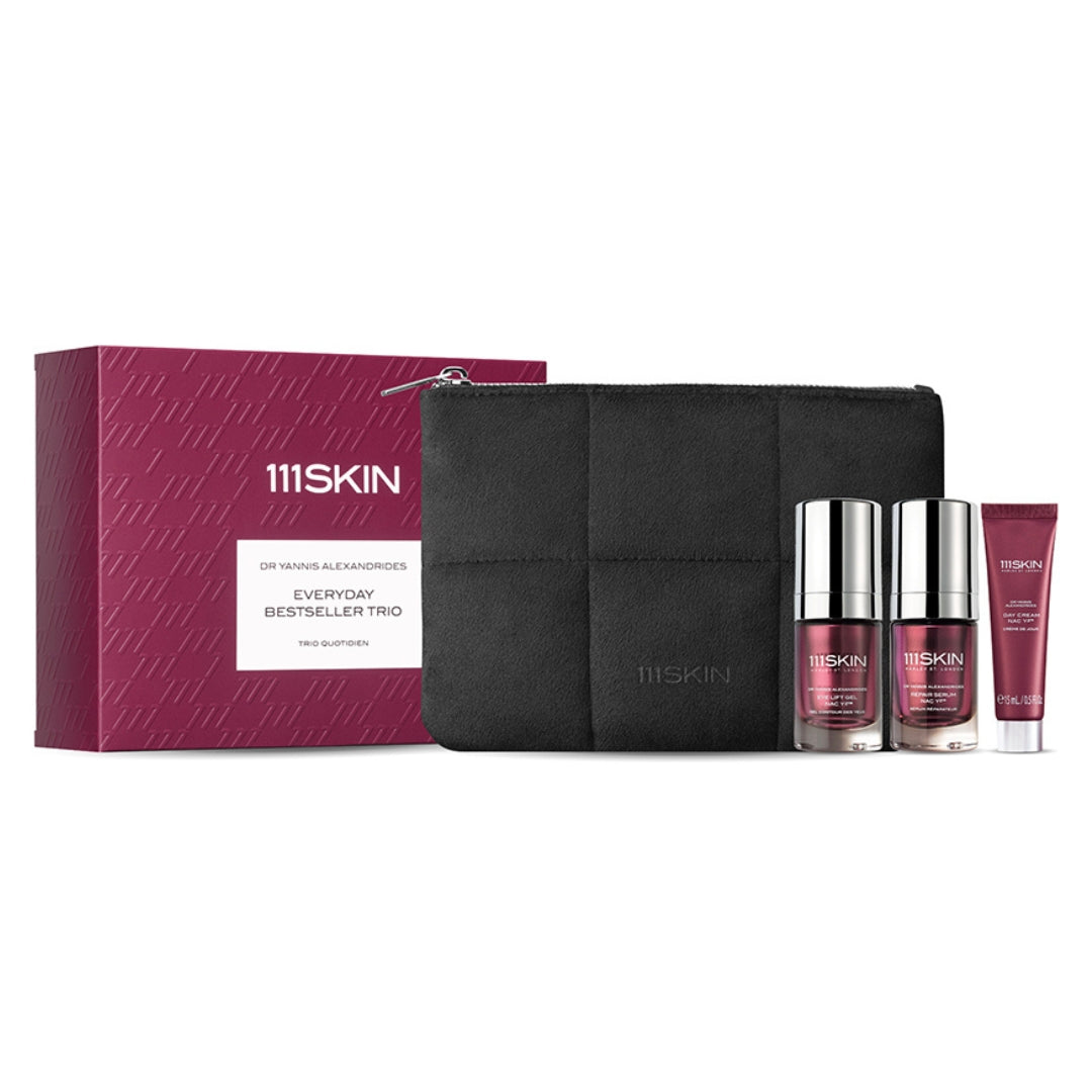 EVERYDAY BESTSELLERS TRIO 
Кадифен несесер включващ задължителната ежедневна грижа за лице - серум, околоочен крем и дневен крем.
111SKIN