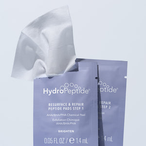 RESURFACE & REPAIR PEPTIDE PADS
Двустъпкови пилинг тампони за лице с химичен ексфолиант и пептиди, които изглаждат текстурата, подпомагат клетъчното обновяване и подобряват сиянието на кожата.
HYDROPEPTIDE