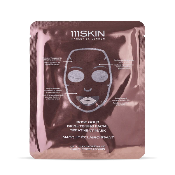 Rose Gold Brightening Facial Treatment Mask 
Роуз Голд Озаряваща Маска за Лице
Хидрогелна маска 111SKIN с 24k злато и роза Дамасцена 
за блясък и успокояване на кожата
Всеки тип кожа