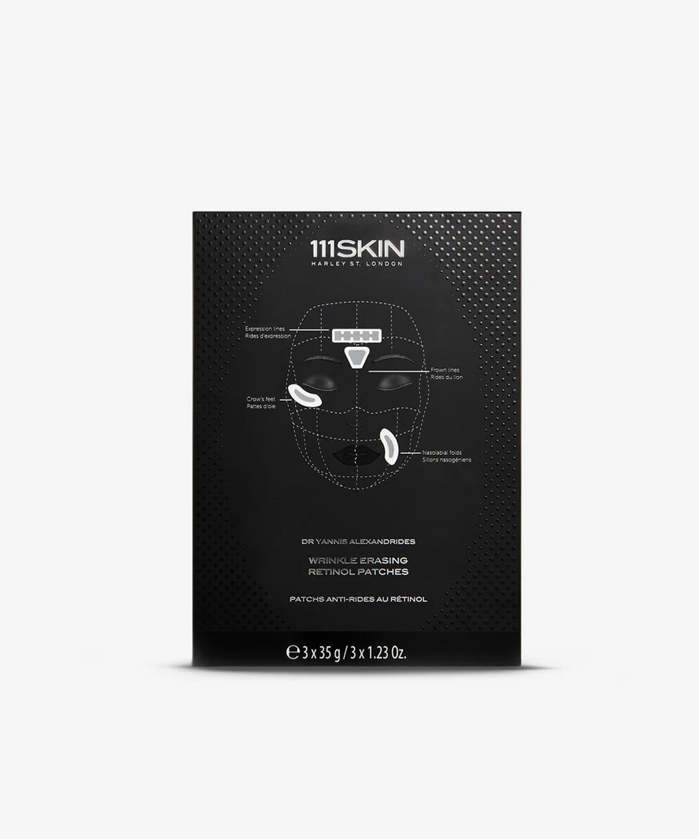 Wrinkle Erasing Retinol Patches box/ 3x35g/
Лепенки с ретинол за финни линии и бръчки
насочени към пачи крак
назолабиални гънки и гневна бръчка
Всеки комплект за лечение съдържа:
2 x полукръгли лепенки за  пачи крак или назолабиални гънки
2 x ленти за  изразителните линии на челото
1 x пластир за гневна 
Зряла кожа
грижа против стареене
111SKIN